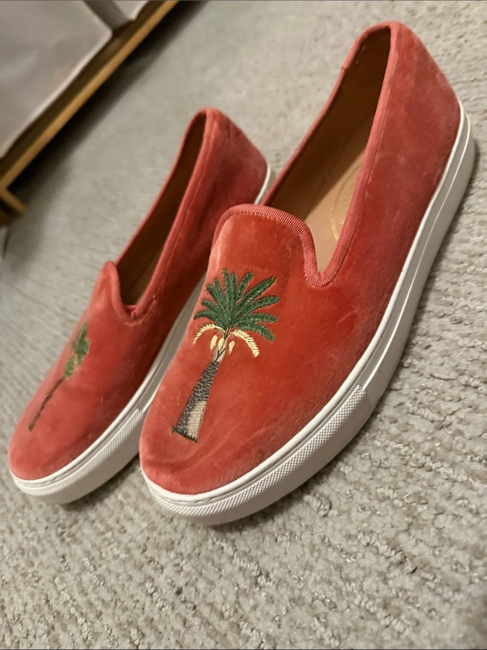 Stubbs & Wooten Coral Velvet Slip-On Sneakers with Palm Embroidery, Sz 8